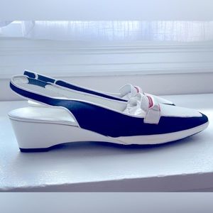 Size 10 vintage brand new never worn Rangoni slingback shoes. White, navy, red.